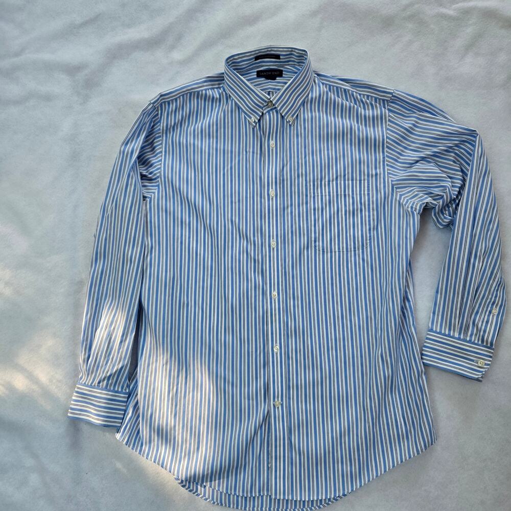 Lands End Men's Dress Shirt, No Iron Supima Cotton, 16.5 x 34 White Blue Stripes
